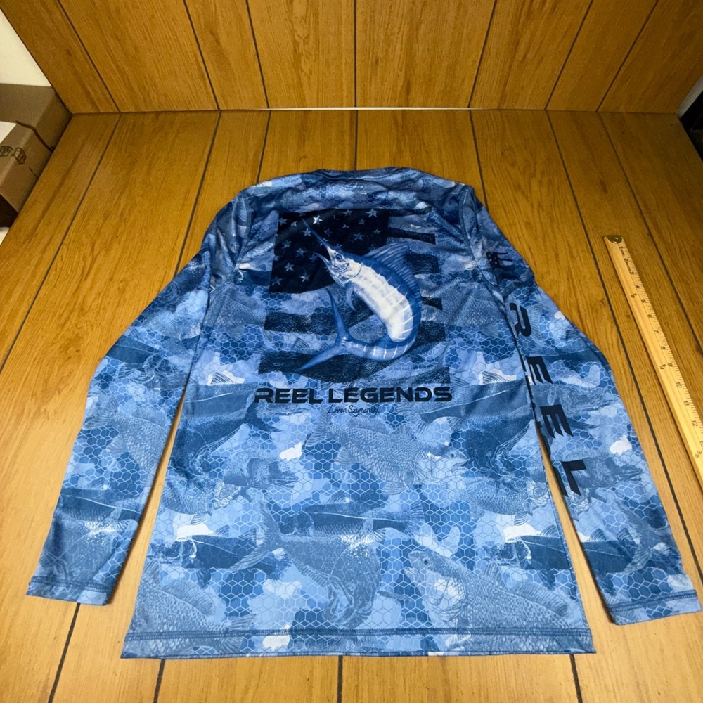 Reel Legends Mens Long Sleeve Fishing‎ T-Shirt Marlin American  Flag S